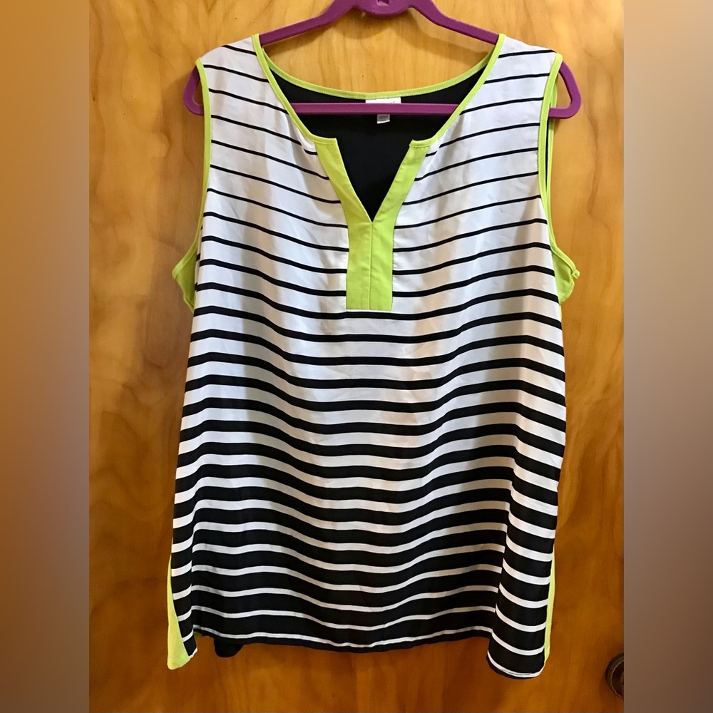 Sleeveless Black and White Stripes with Lime Green Accents Tank